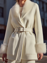White Faux Fur Trim Belted Coat