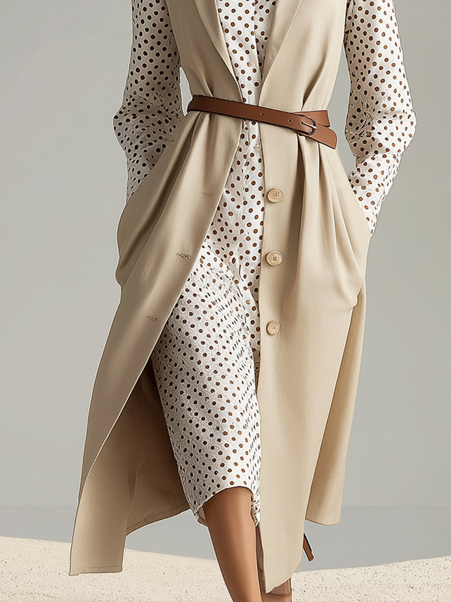 Belted Sleeveless Long Blazer With Polka Dot Shirt Dress Set
