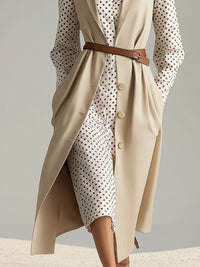Belted Sleeveless Long Blazer With Polka Dot Shirt Dress Set