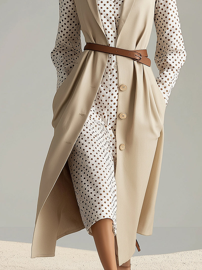 Belted Sleeveless Long Blazer With Polka Dot Shirt Dress Set