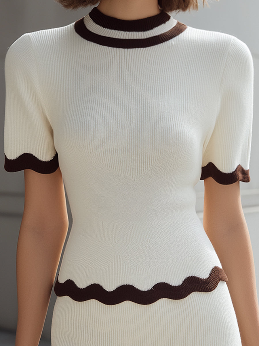Ivory Ribbed Knit Top And Skirt Set With Contrasting Fan-Shaped Piping