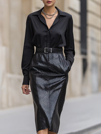 Black Satin Shirt With Embossed Leather Pencil Skirt Suit