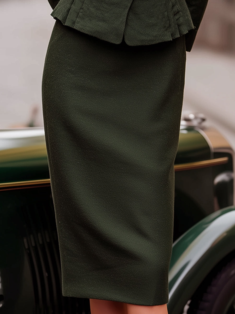 Dark Olive Ruffled Blazer And Skirt Set