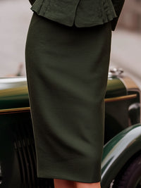 Dark Olive Ruffled Blazer And Skirt Set