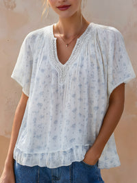 Printed Lace-Trim Short Sleeve Relaxed Blouse