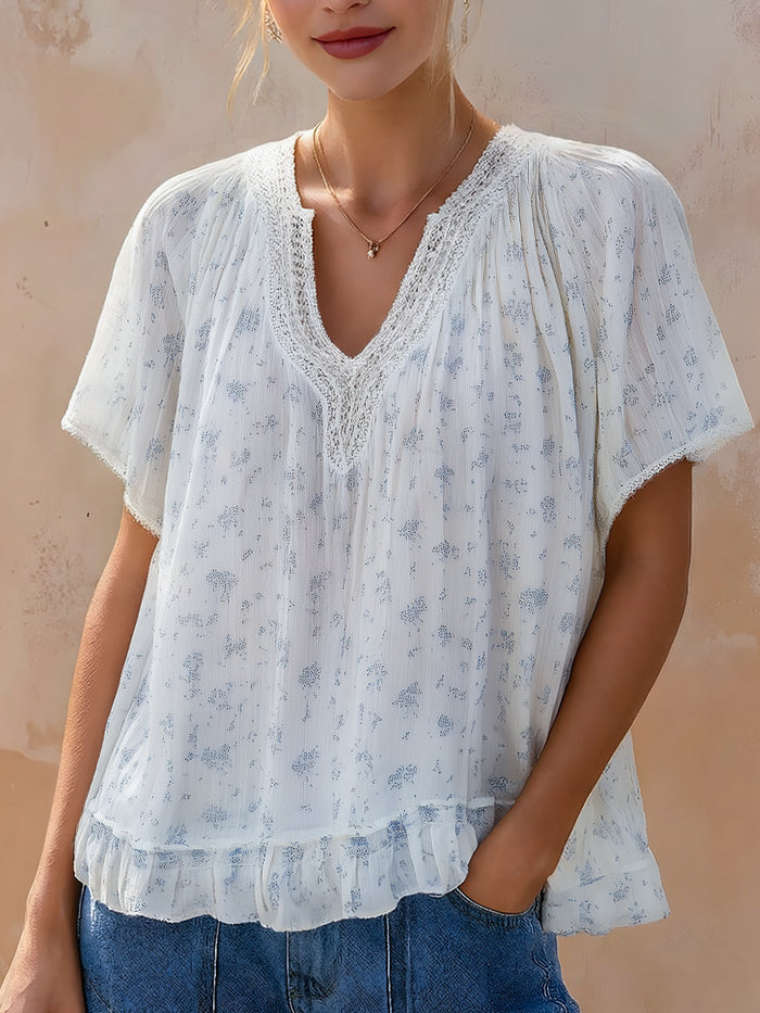 Printed Lace-Trim Short Sleeve Relaxed Blouse