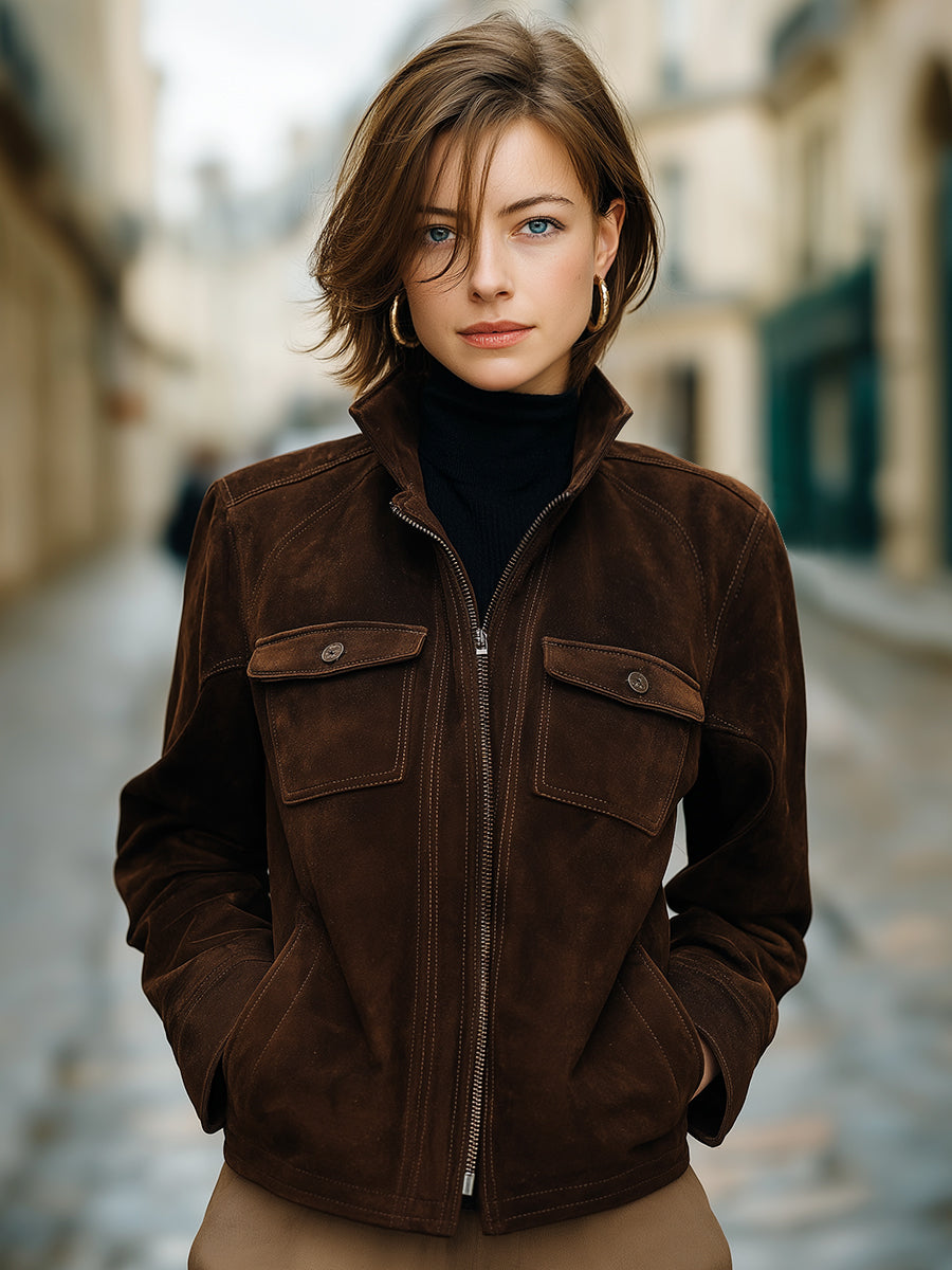 Mocha Brown Suede Zip-Up Jacket