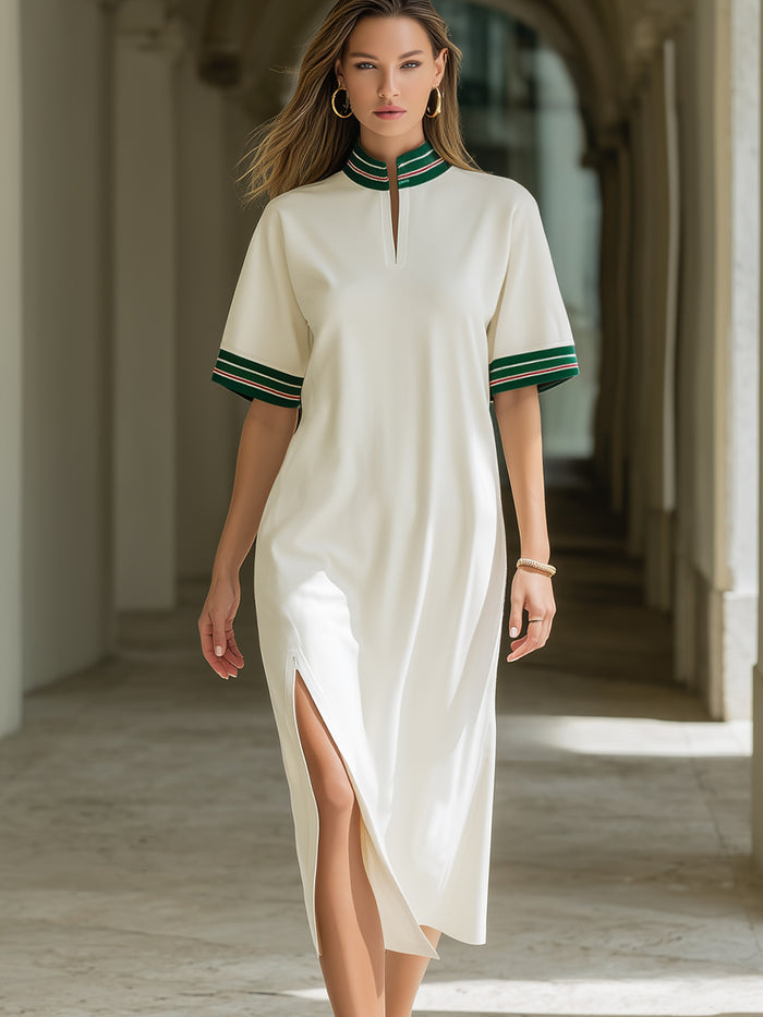Contrast Trim Stand Neck Short Sleeve Slit Midi Dress