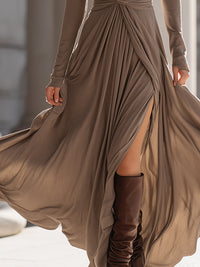 Mocha Draped Front Long-Sleeve Maxi Dress