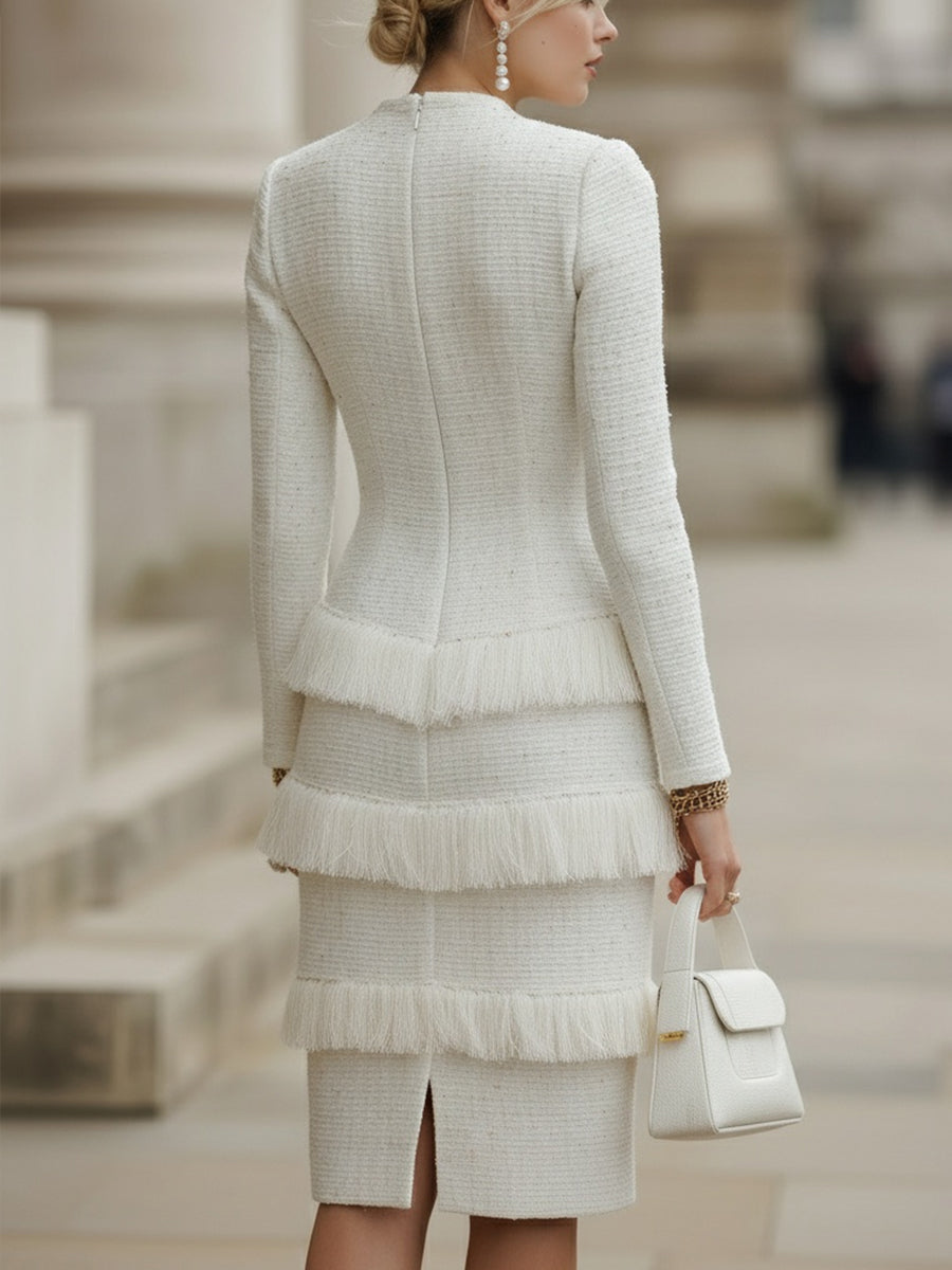 Ivory Tweed Fringe-Tiered Midi Dress