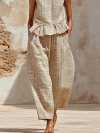 Casual Plaid Sleeveless Peplum Wide-Leg Jumpsuit – Relaxed Chic Style