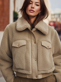 Beige Faux Shearling Cropped Jacket With Utility Details