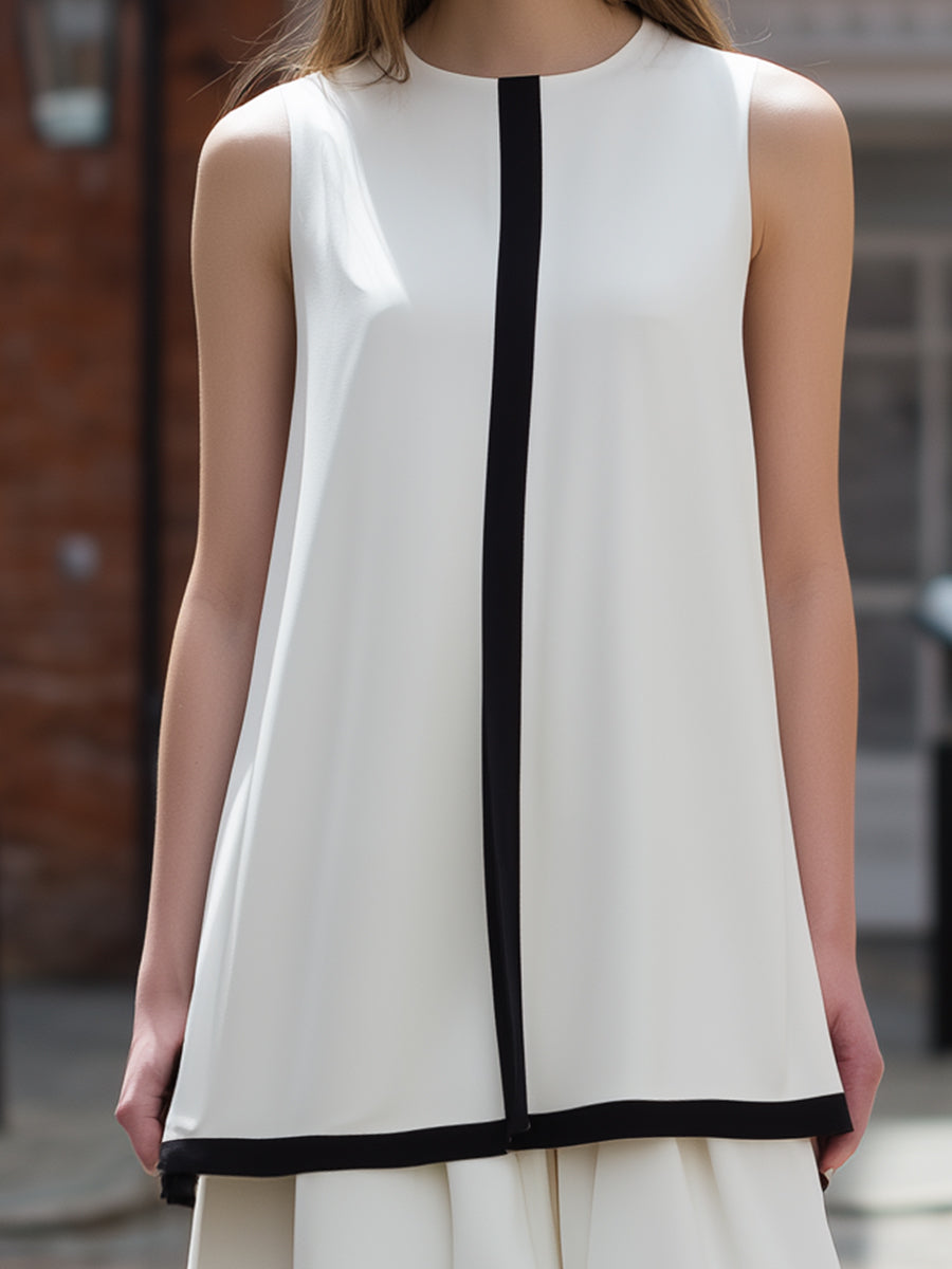 Contrast-Trim Layered Sleeveless Tunic & Pleated Midi Skirt Set