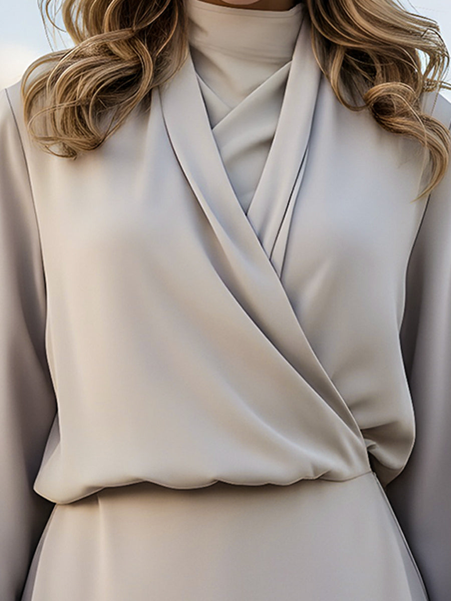 Elegant Draped Mock-Neck Long-Sleeve Blouse