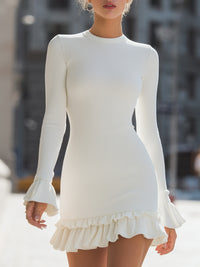 White Ribbed Ruffle-Trim Bodycon Dress