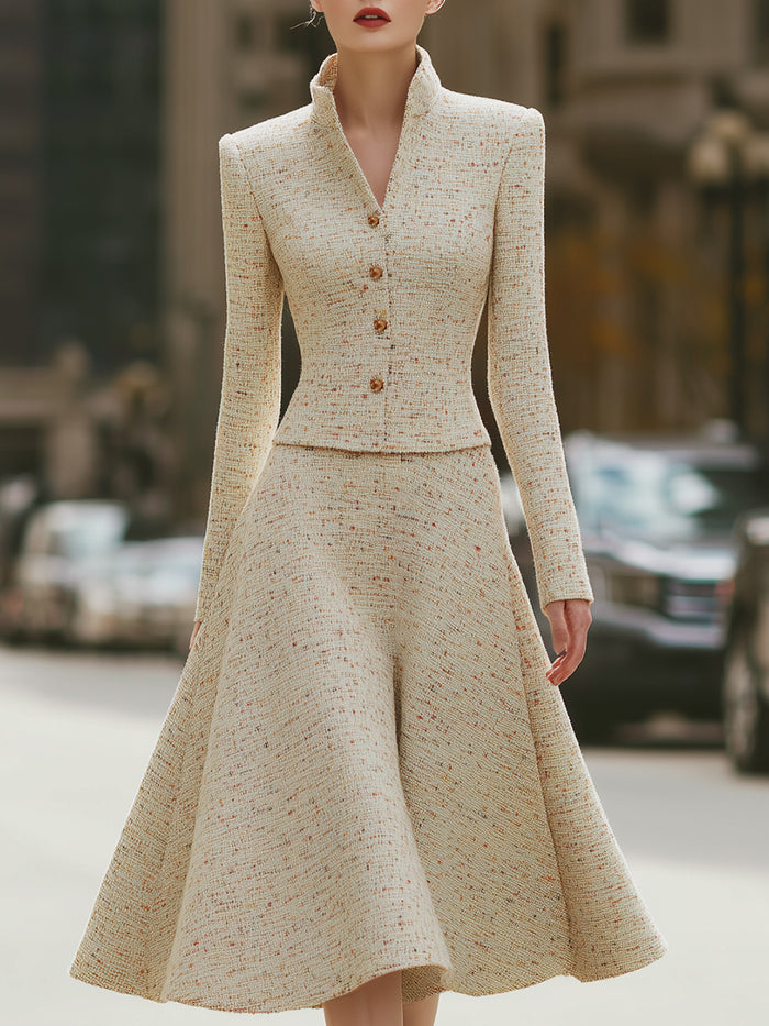 Structured Tweed Peplum Jacket And Flared Skirt Set