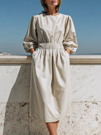 Smocked Waist Puff Sleeve Midi Dress