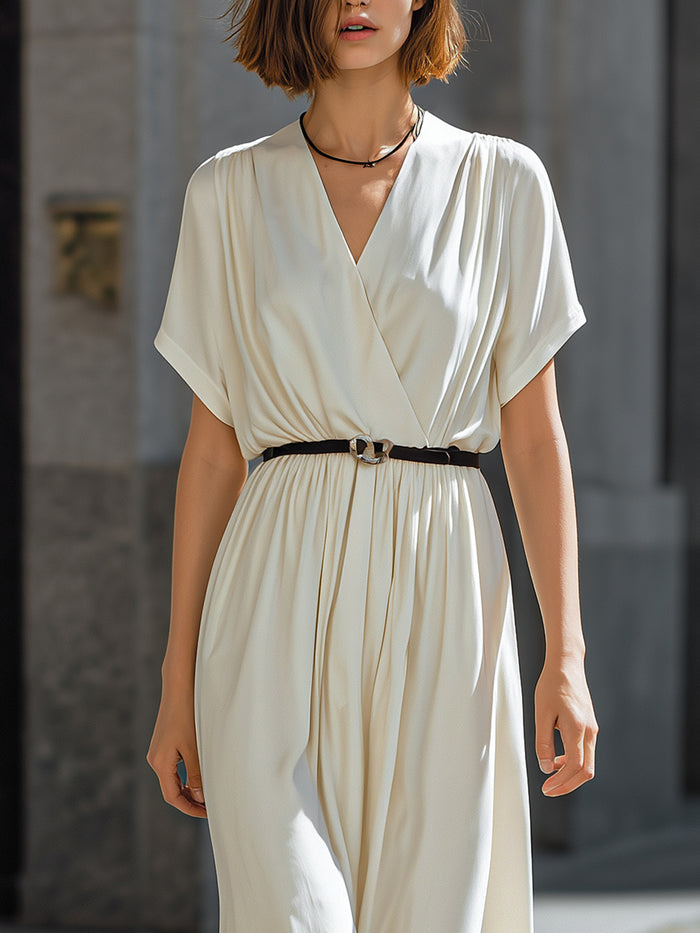 Draped V-Neck Belted Midi Dress