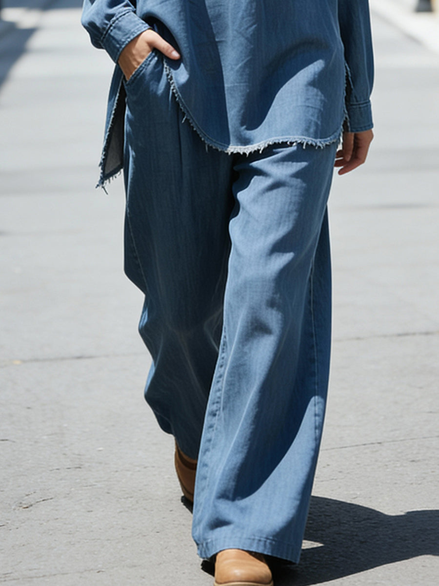 Relaxed Denim Two-Piece Set With Raw Hem