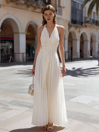Ivory Halter Pleated Maxi Dress With Defined Waist