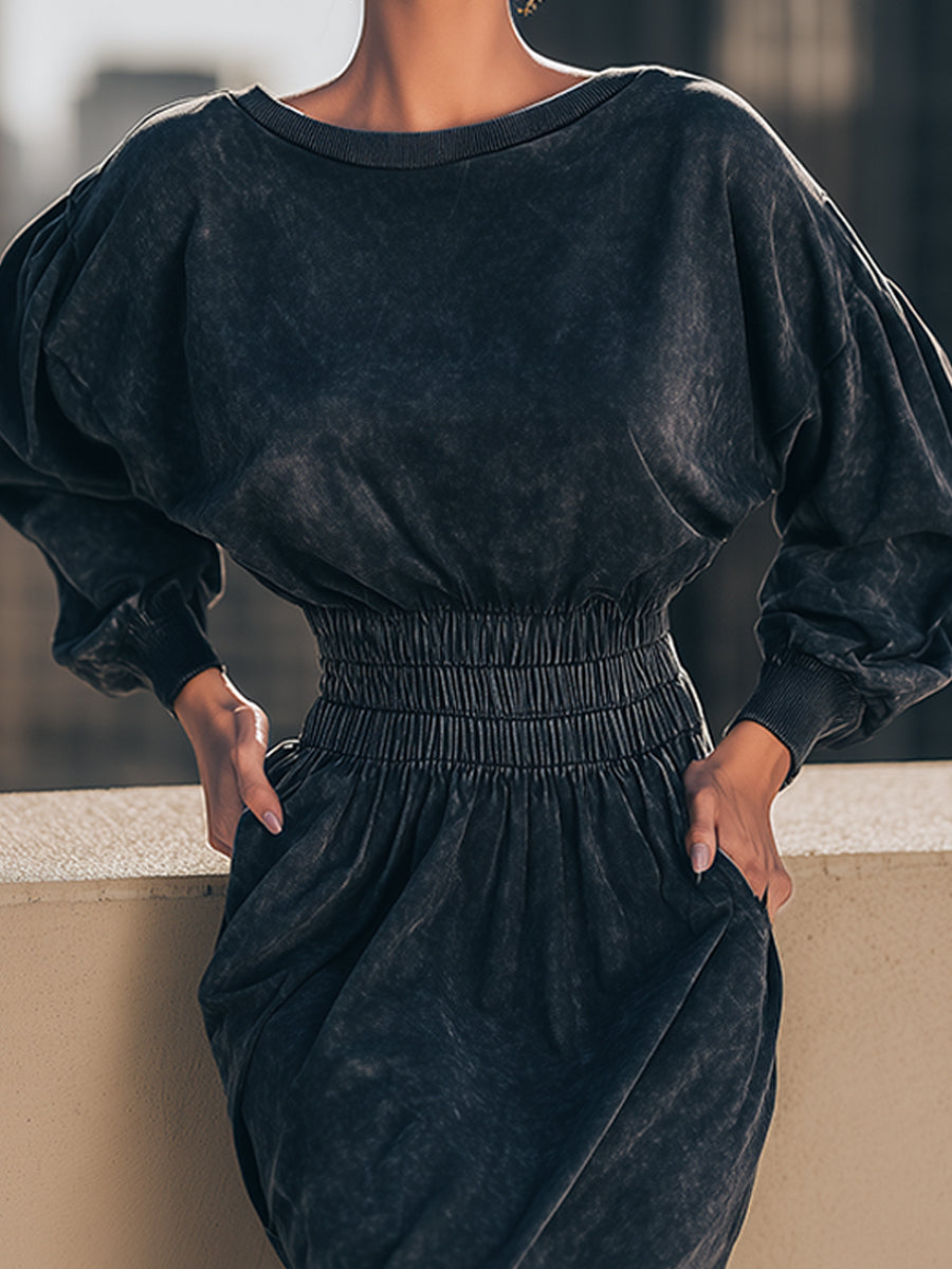 Black Washed Smocked-Waist Puff-Sleeve Midi Dress