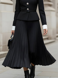 Black And White Pleated Midi Set With Statement Buttons