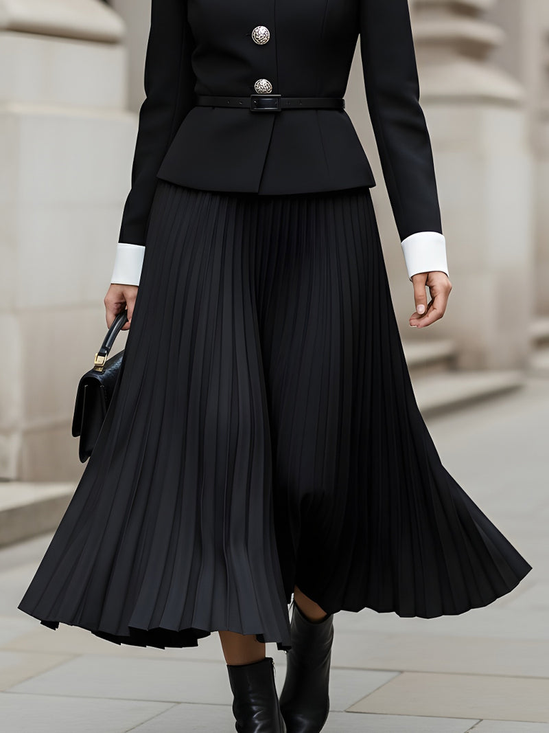 Black And White Pleated Midi Set With Statement Buttons