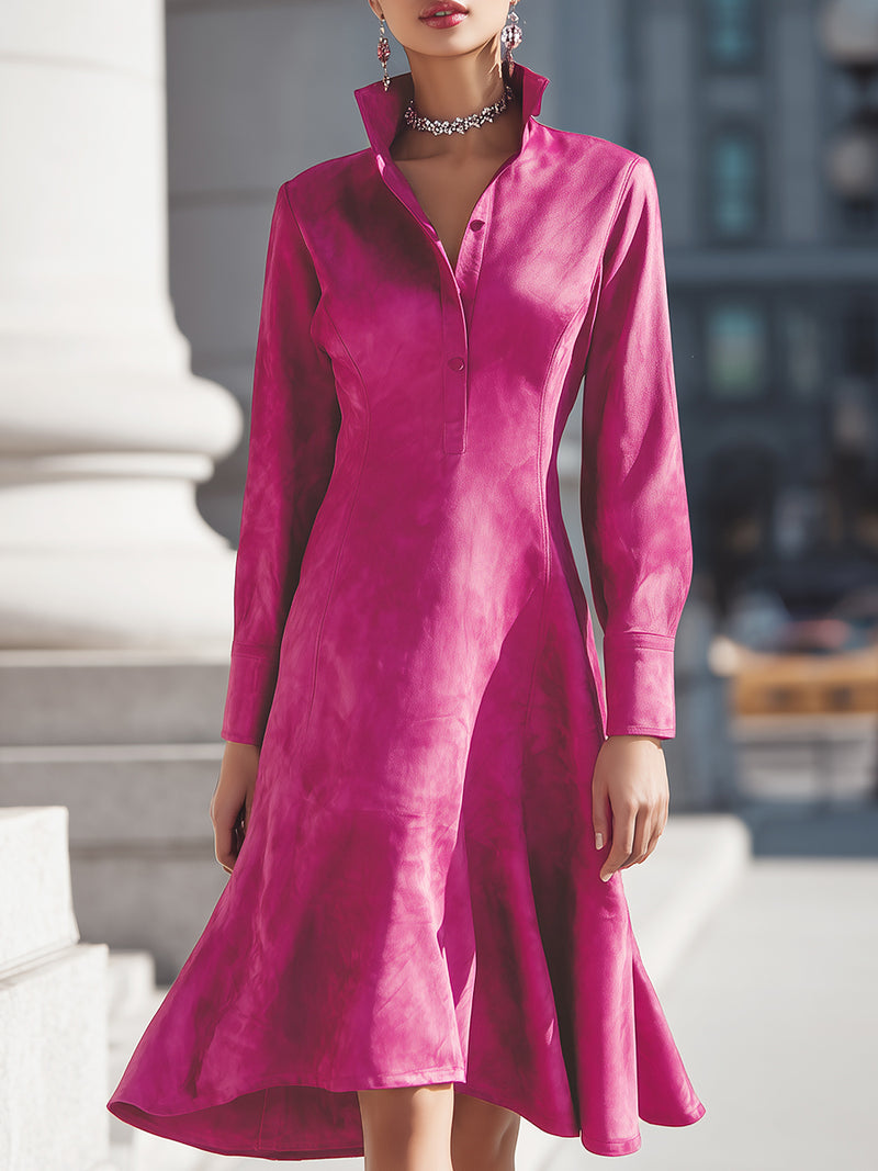 Fuchsia Satin Flared Shirt Dress
