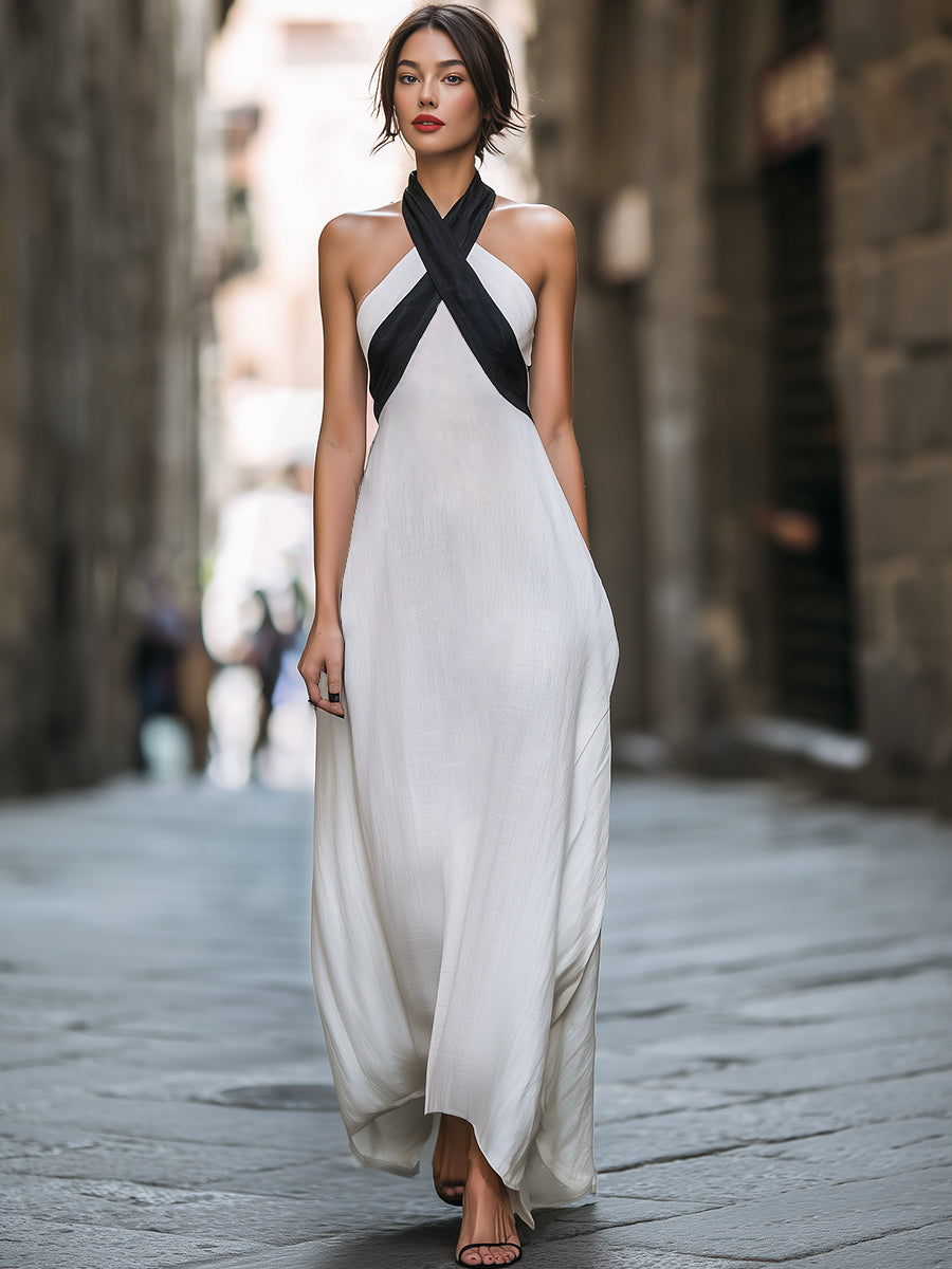 Cross-Halter Cutout Flowing Maxi Dress