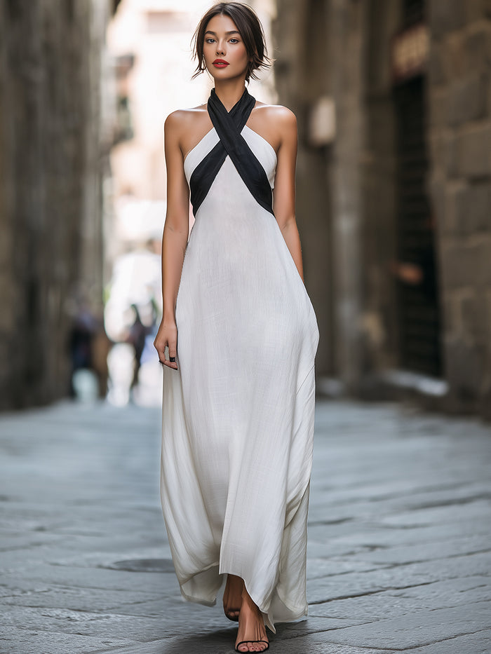 Cross-Halter Cutout Flowing Maxi Dress