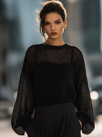 Black Mesh-Panel Lantern Sleeve Knit Blouse