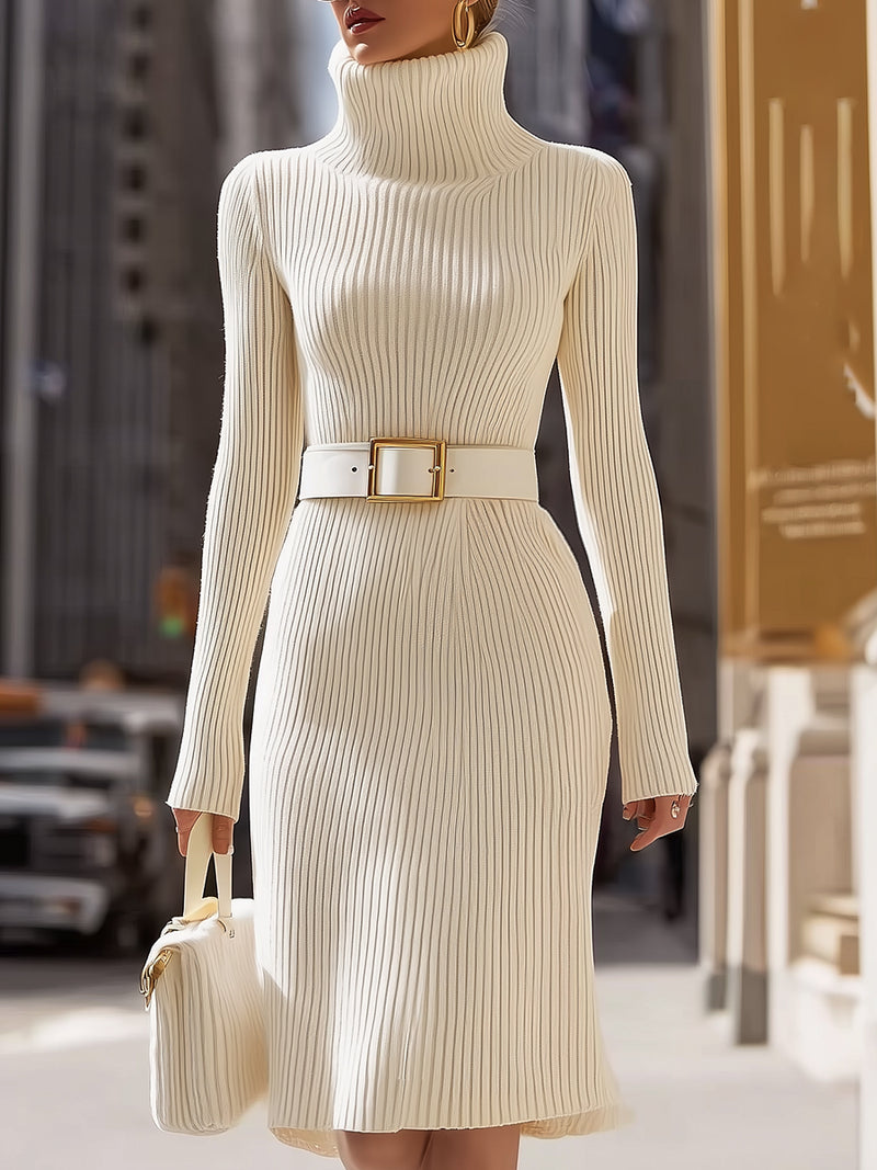 Ivory Ribbed Turtleneck Belted Knit Dress