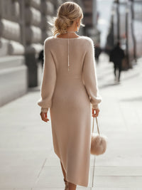 Elegant V-Neck Knit Maxi Dress With Side Slit And Pearl Button Detail