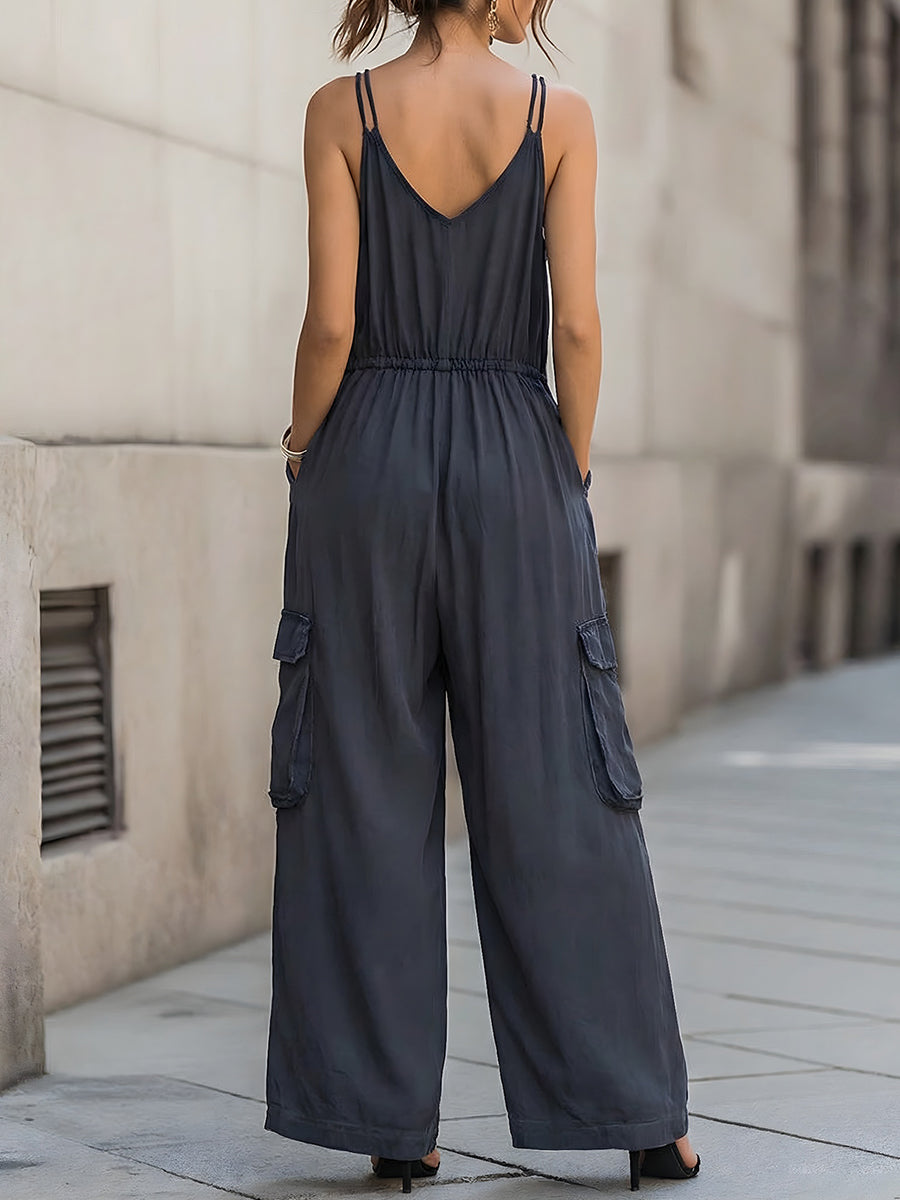 Elastic-Waist Cargo Wide-Leg Cami Jumpsuit
