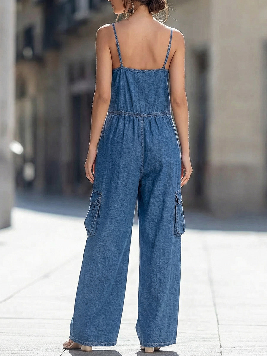 Zip-Front Denim Cargo Wide-Leg Jumpsuit