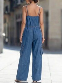 Zip-Front Denim Cargo Wide-Leg Jumpsuit