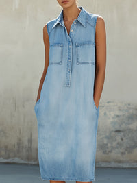 Sleeveless Pocket Detail Denim Shift Dress