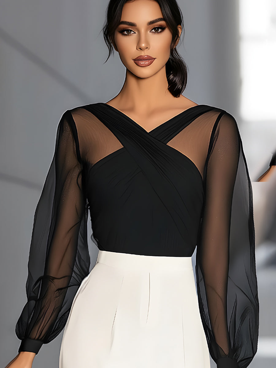 Cross-Draped Mesh Sleeves Elegant Blouse