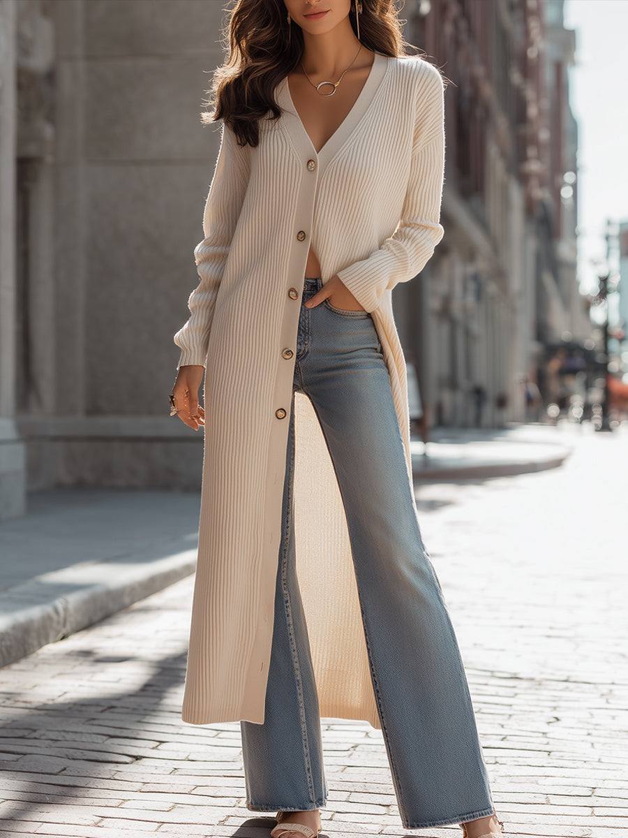 Longline Ribbed Button-Front Knit Cardigan