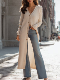 Longline Ribbed Button-Front Knit Cardigan