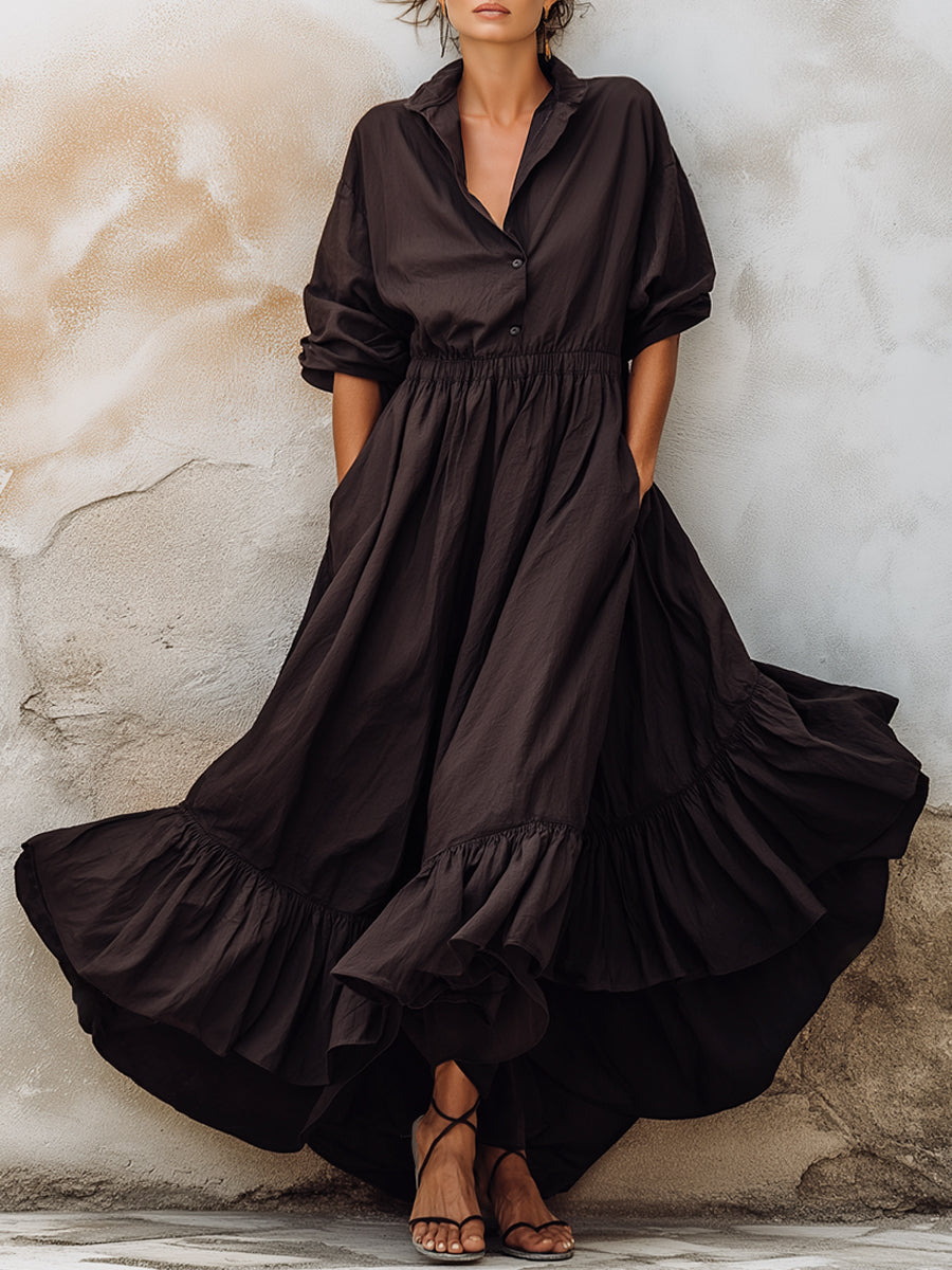 Relaxed Shirt Collar Ruffle Hem Maxi Dress