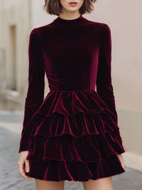 Burgundy Velvet Tiered Ruffle Mini Dress