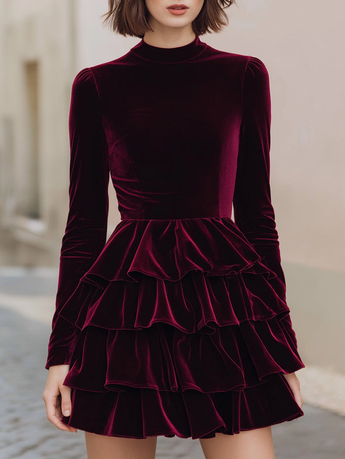 Burgundy Velvet Tiered Ruffle Mini Dress