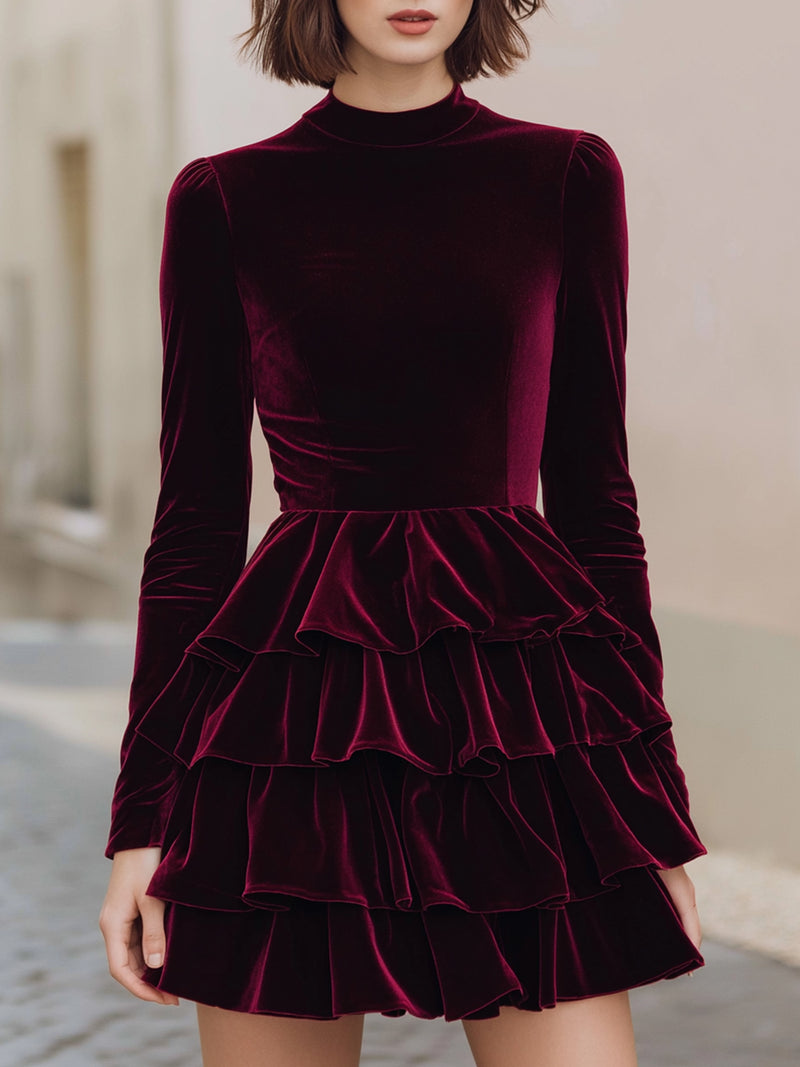 Burgundy Velvet Tiered Ruffle Mini Dress