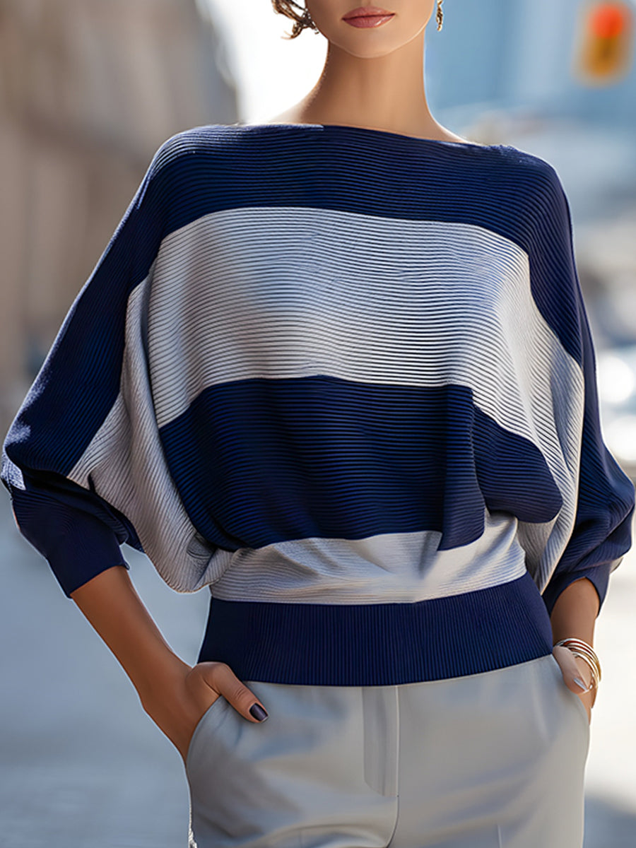 Navy & Ivory Color-Block Batwing Knit Top