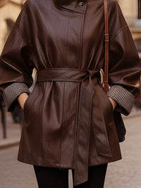 Chocolate Faux Leather Belted Coat With Stand Collar