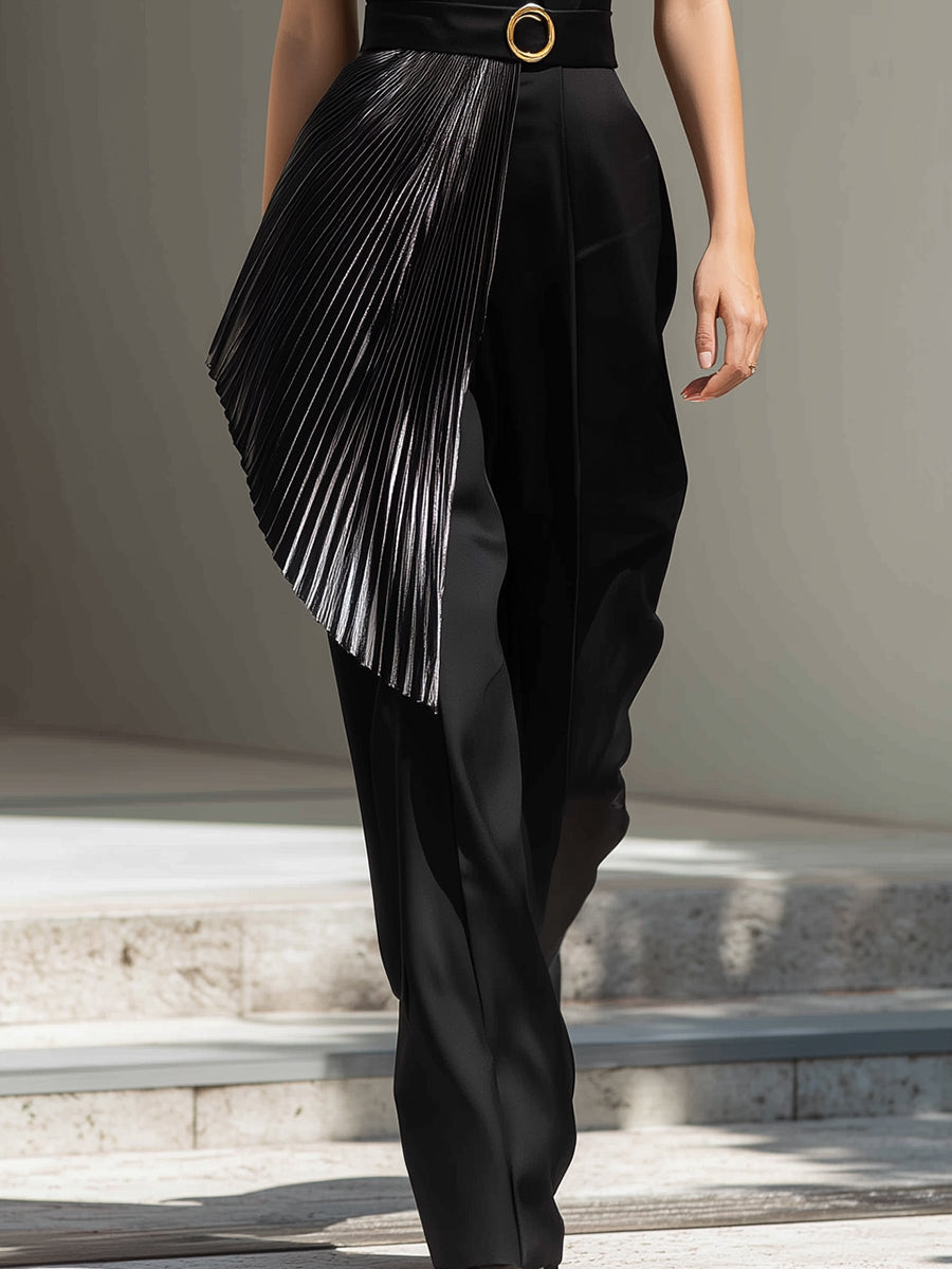 Tailored Sleeveless Jumpsuit With Pleated Metallic Accent Panel