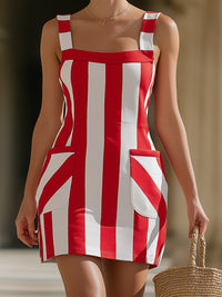 Retro Stripe Square-Neck Mini Dress With Statement Pockets