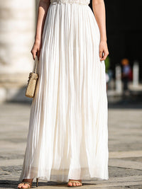 Ivory Halter-Neck Pleated Maxi Dress With Smocked Waist
