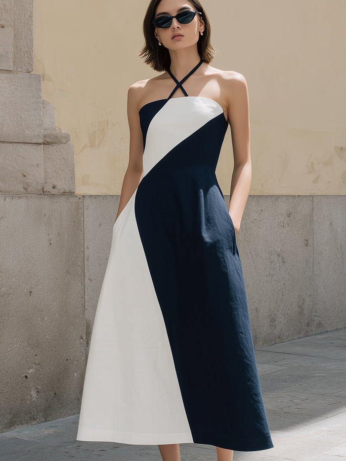 Crisscross Halter Contrast Panel A-Line Midi Dress